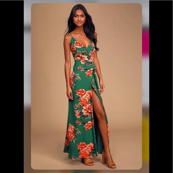 Dark Green Floral Print Wrap Maxi Dress | Womens | X-Small | 100% Polyester | Lulus